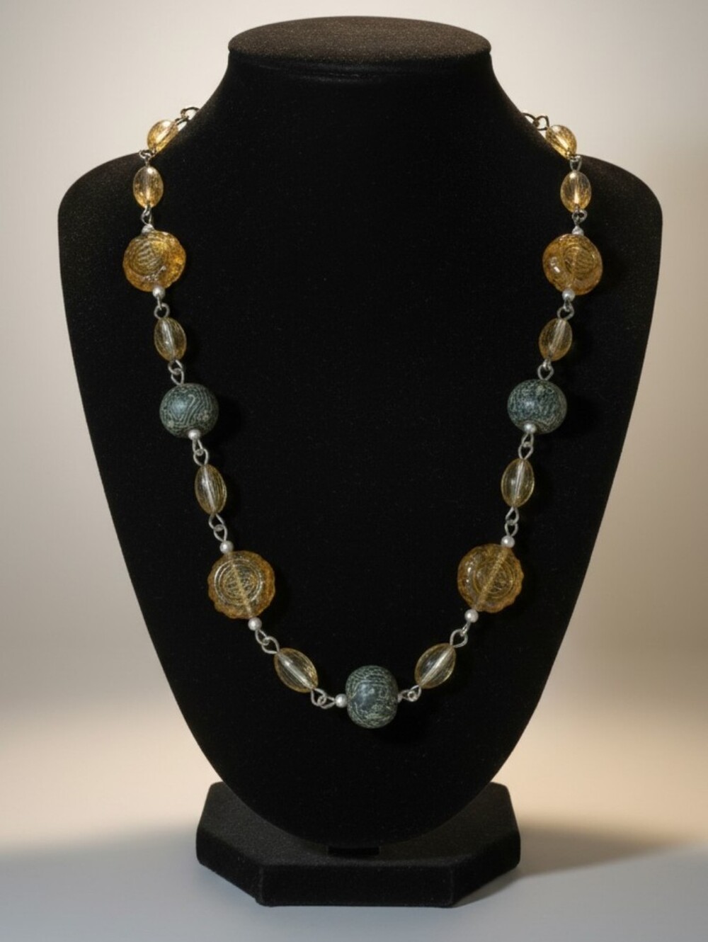 Hand Crafted Amber and Teal Glass Bead Necklace